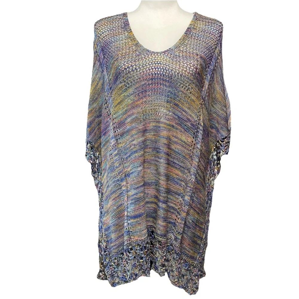 Democracy Colorful Open Knit Sweater Size L Crochet Boho Summer Vibes‎ Festival